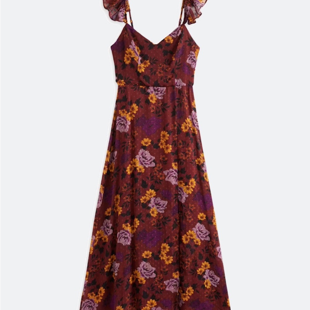 Floral Burgundy Midi Dress with Ruffle Straps